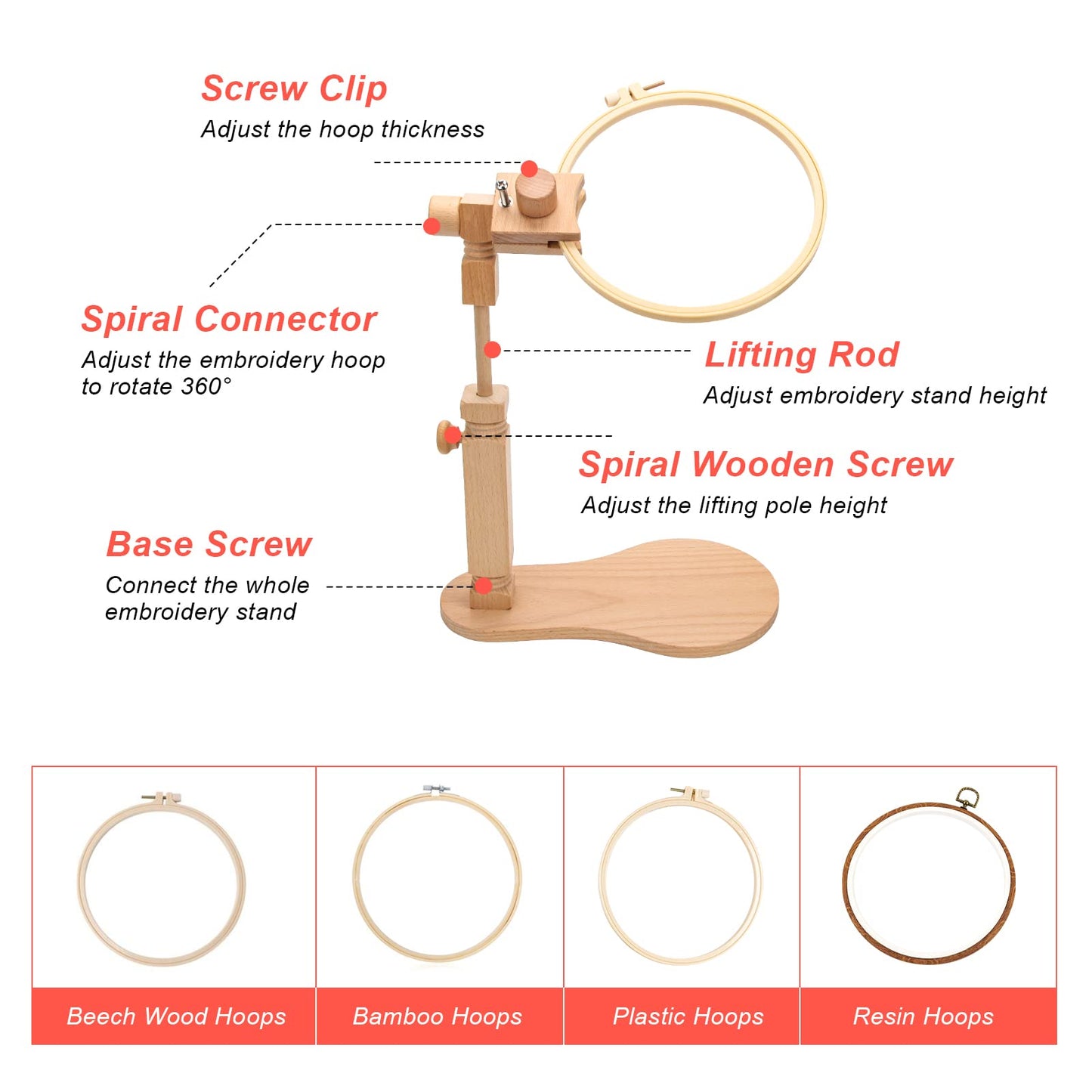 Catcan Embroidery Hoop Stand with 2 PCS 7'' 5'' Embroidery Hoops, Adjustable Rotated Wooden Cross Stitch Hoop Stand, Hands Free Embroidery Hoop Holder for Arts Crafts Sewing Embroidery Project