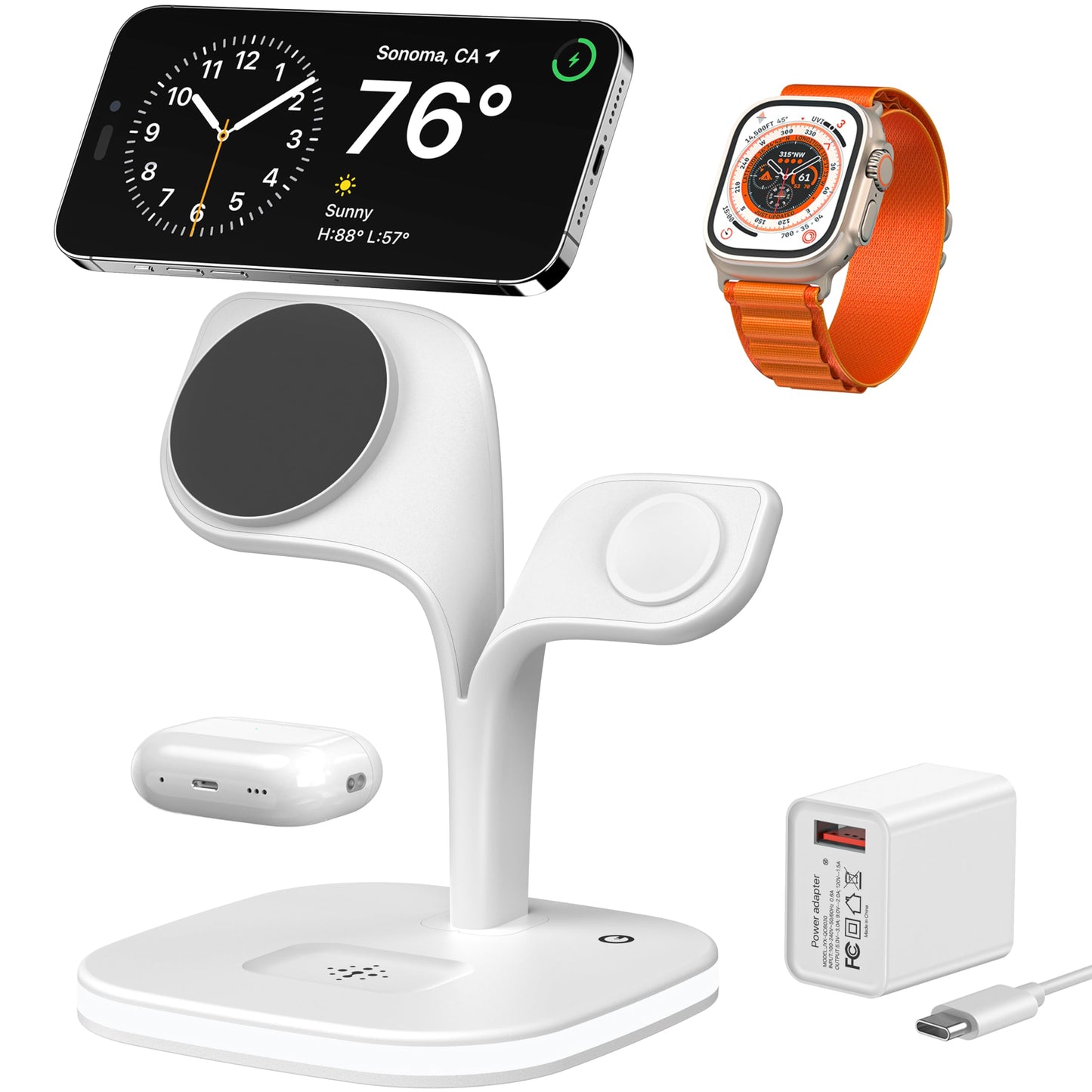 EXW for Magsafe Charger Stand,Charging Station for Multiple Devices,Wireless Charger for iPhone 17 Air 16 15 14 13 12 Series,Apple Watch Series 1-10/Ultra,AirPods Pro with LED and Adapter (White)