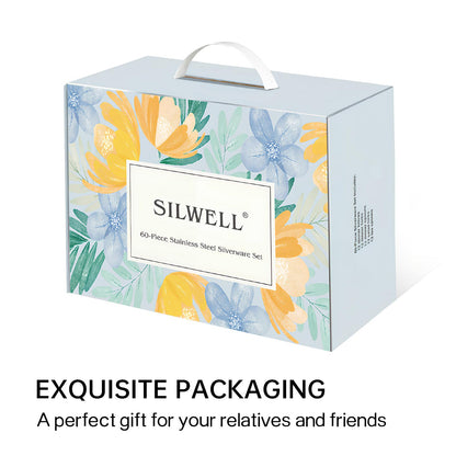 SILWELL Gold Silverware Set 60-Piece 18/10 Stainless Steel Cutlery Matte Polished Cuboid Handle Flatware Sets Service for 12