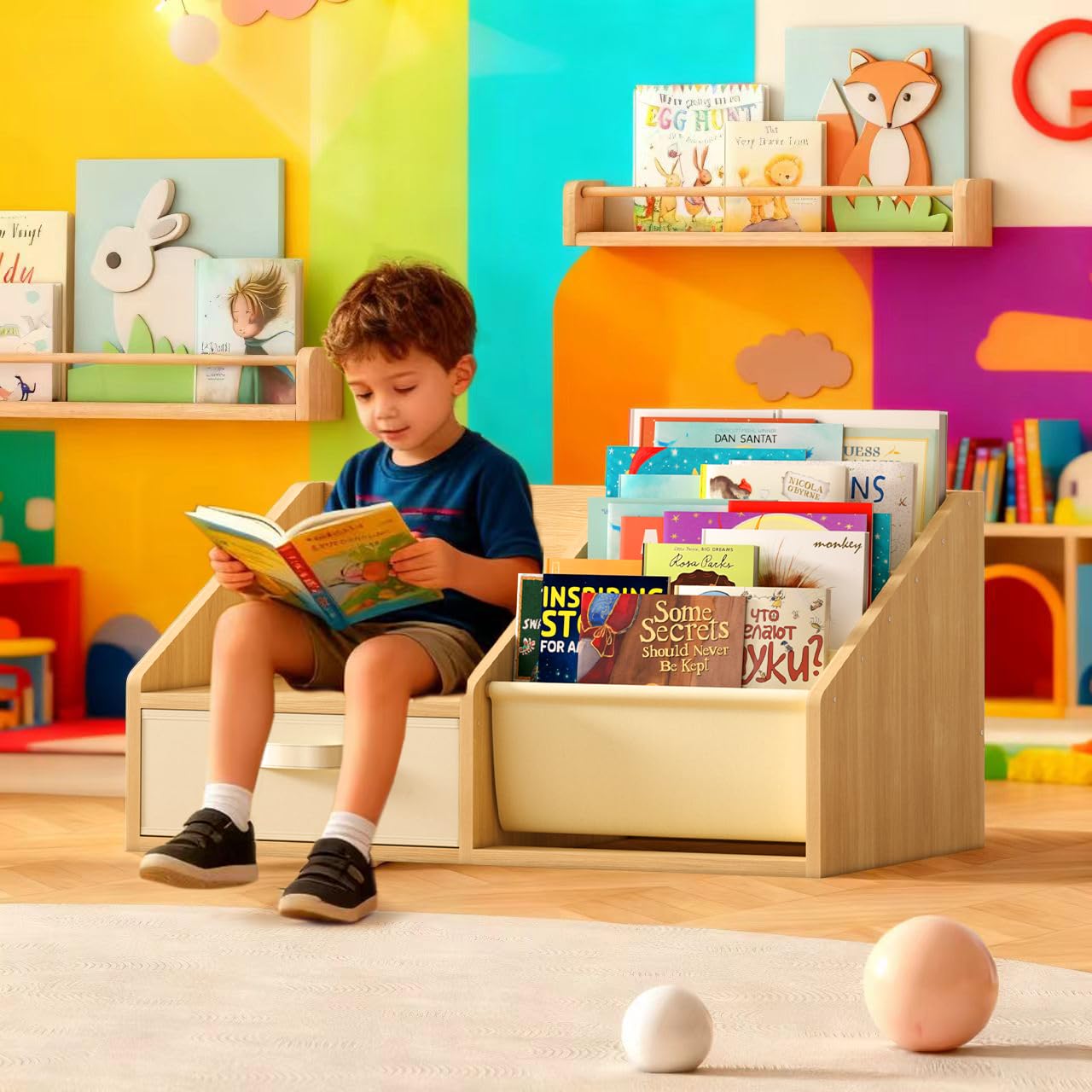 FKWin Kids Bookshelf with Seat - Forward-Facing Book Shelf for Kids Rooms, Nursery Bookcase with 5-Tier Montessori Shelf, Wooden