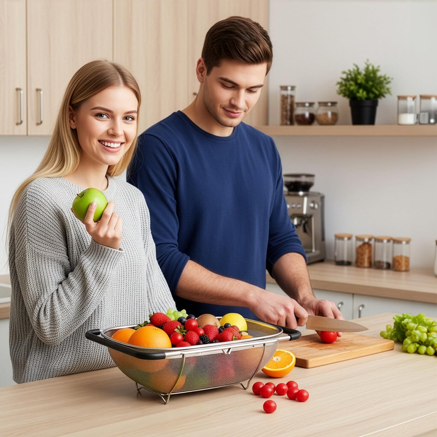 Suwimut 2 Pack Over the Sink Oval Colander for Kitchen, Stainless Steel Fine Mesh 6 Quart Strainer Basket with Expandable Rubber Grip Handles for Straining, Draining, Rinsing Fruits, Vegetables