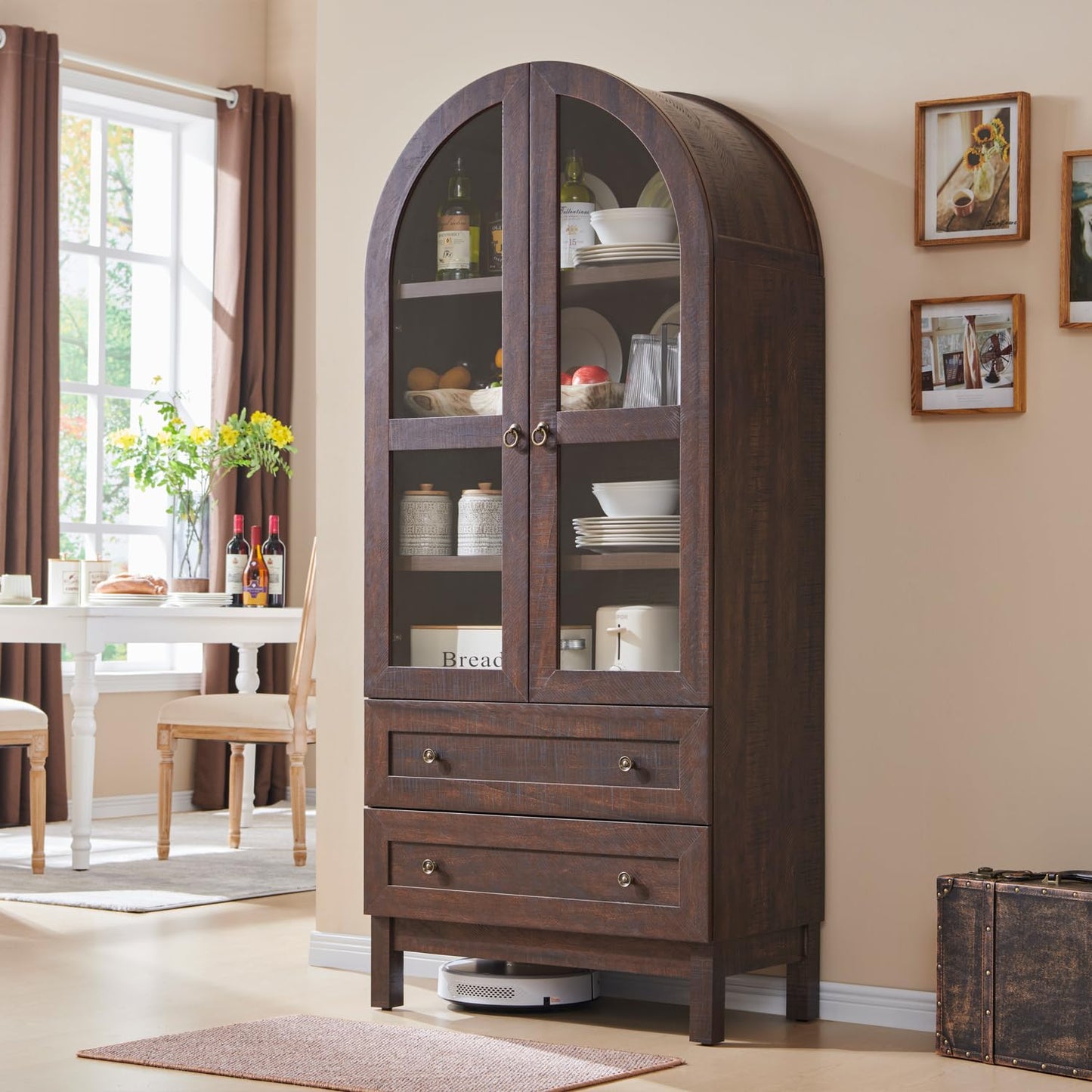 IFGET 71" Tall Arched Kitchen Pantry Cabinet, Wood Kitchens Storage Cabinets with 2 Large Drawers and Adjustable Shelves, Modern Farmhouse Versatile Cupboard for Kitchen, Dining Room, Bathroom, Brown