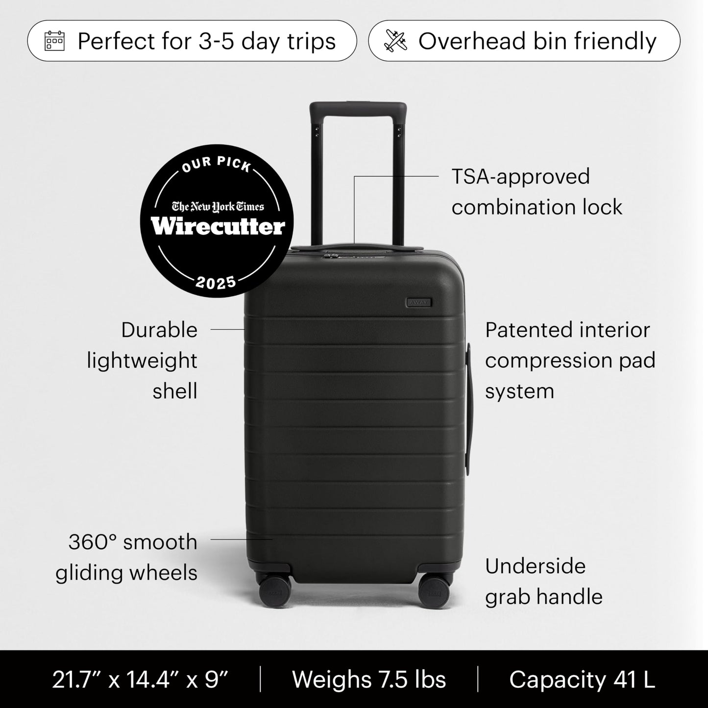 Away Carry-On Luggage - 22-Inch Lightweight Hardside Suitcase with 360° Spinner Wheels, Interior Compression System, TSA-Approved Lock - Jet Black