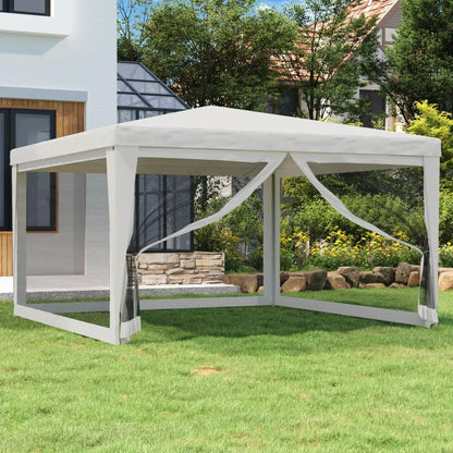 Xhnifbn 13.1'x13.1' White Party Tent with 4 Mesh Sidewalls, Heavy-Duty Iron Frame PE Roof, Water & UV Protection, Zipped Door, Outdoor Gazebo for Backyard Weddings, BBQs & Festivals