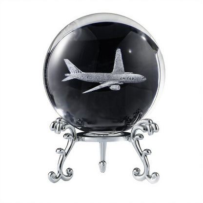 HDCRYSTALGIFTS 60mm 3D Lase Engraved Airplane Crystal Ball with Stand Glass Sphere Plane Paperweight Decor Pilot Gifts for Men Women