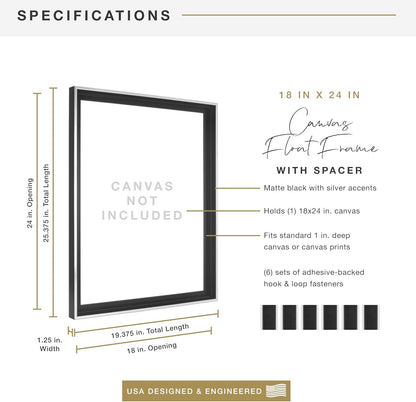 MCS Floating Canvas Frame, Art Frames for Canvas Paintings with Adhesive Fasteners, 18 x 24 Inch Black and Silver Finish