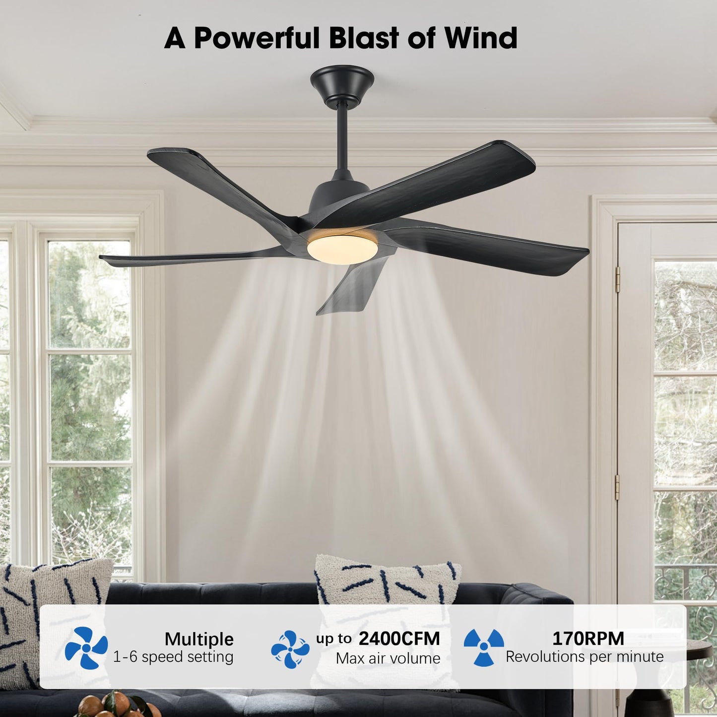 LVYEAYOU Ceiling Fan with Light, 52 Inch Solid Wood Ceiling Fans, Remote and APP Control, 3-color Dimmable, DC Motor, 6-speed Reversible, for Bedroom, Living Room, Black