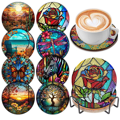 8 Pcs Diamond Art Painting Coasters with Holder, DIY Colorful Glass Stain Diamond Art Painting Kits for Beginners, Diamond Craft Supplies for Adults Kids Coasters Gift
