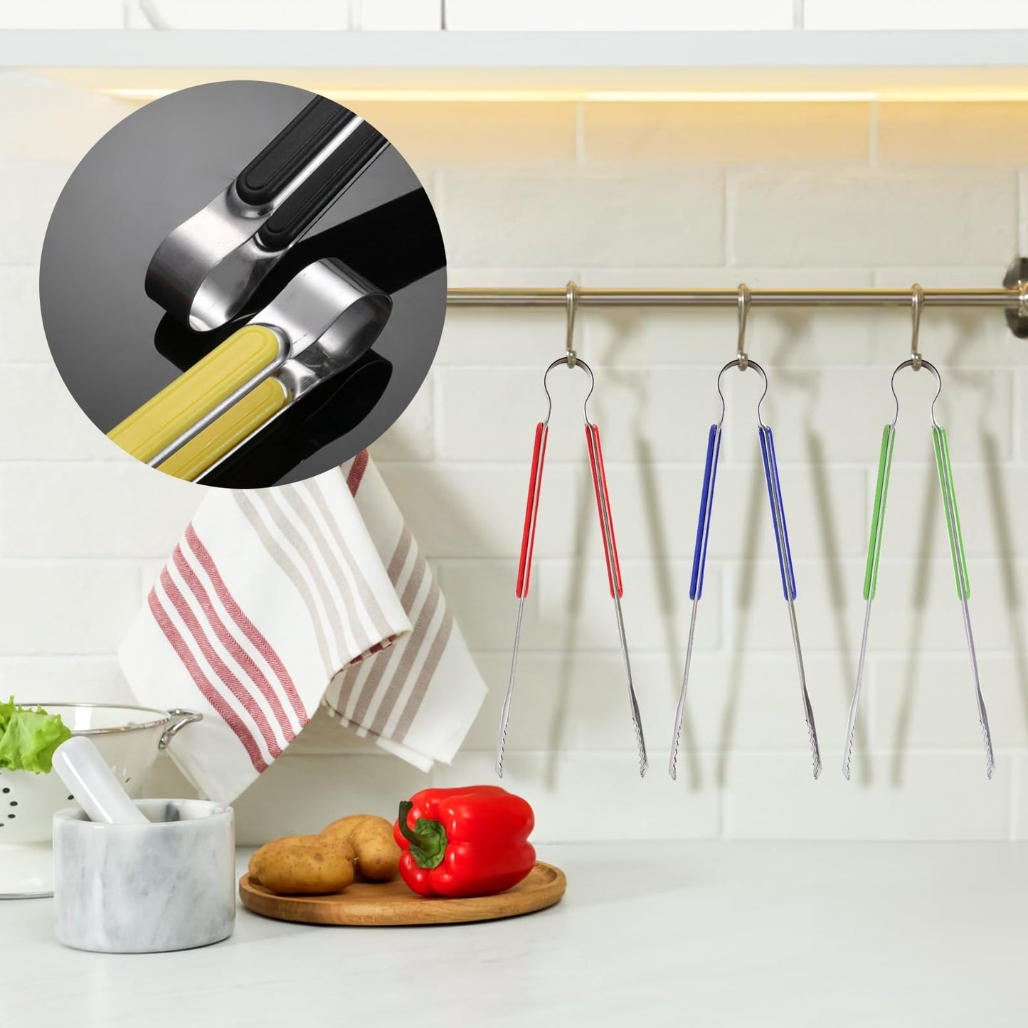 Nagpew 10 Pack Stainless Steel Kitchen Tong, 10 inch Heavy Duty Serving Tong with Heat-Resistant Handle, Grill Clamp Beefsteak Clip in 10 Colors for Cooking, BBQ, Meat, Salad, Ice