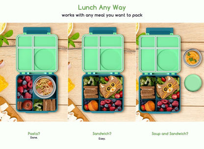 JoyYum Bento Box for Kids - Leak-Proof Bento Lunch Box with Insulated Thermos Food Jar - 4 Compartments, 1 Removable Divider, 1Spoon, 1 Fork - Dishwasher Safe, BPA-Free (Green)