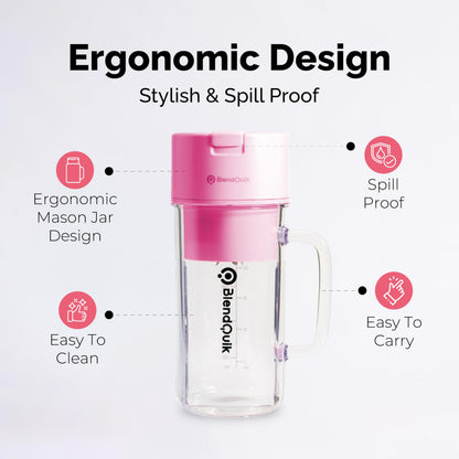 Personal Portable Blender For Shakes & Smoothies, Leakproof & Stylish Portable Mason Jar Shaker, Rechargeable Mini Blender with 10-Blade Blending System 14oz, Pink