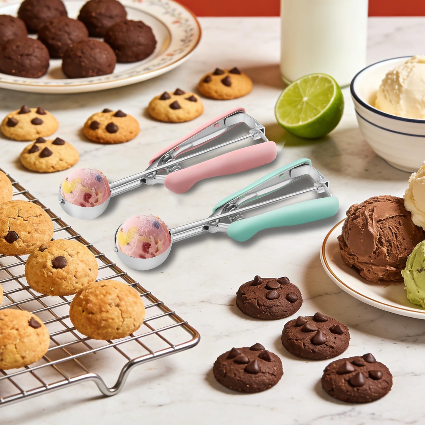 Cookie Scoop Set of 3, 18/8 Stainless Steel Cookie Dough Scoops with Blue, Pink & Green Color-Coded Grips, Small/Medium/Large (#60, #40, #20) Portion Scooper for Baking, Cupcakes & Ice Cream