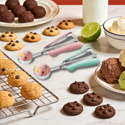 Cookie Scoop Set of 3, 18/8 Stainless Steel Cookie Dough Scoops with Blue, Pink & Green Color-Coded Grips, Small/Medium/Large (#60, #40, #20) Portion Scooper for Baking, Cupcakes & Ice Cream