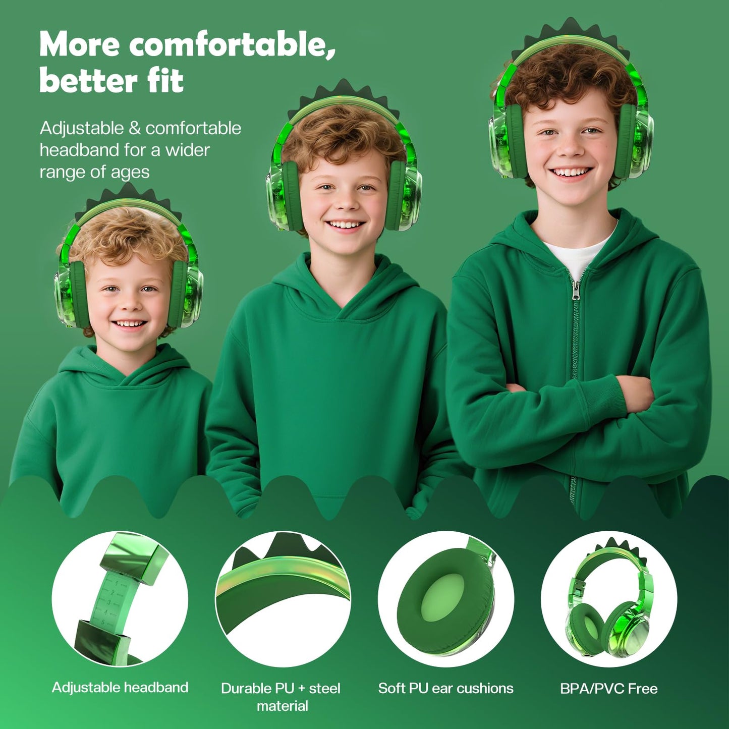 QearFun Kids Dinosaur Bluetooth Headphones, 60H Playtime, 74/85/94dB Safe Volume Limit, Metallic Gradient Wireless Headset with Mic, Fast Charging, Foldable, Wired Mode for Girls School/Tablet/Travel