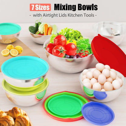 ENVTEK Mixing Bowls with Lids Set, 7 PCS Stainless Steel Mixing Bowls with 3 Grater Attachments, Size 4.5, 4, 3.5, 2.1, 1.5, 1.1, 0.7QT, Ideal for Kitchen Cooking Baking & Serving