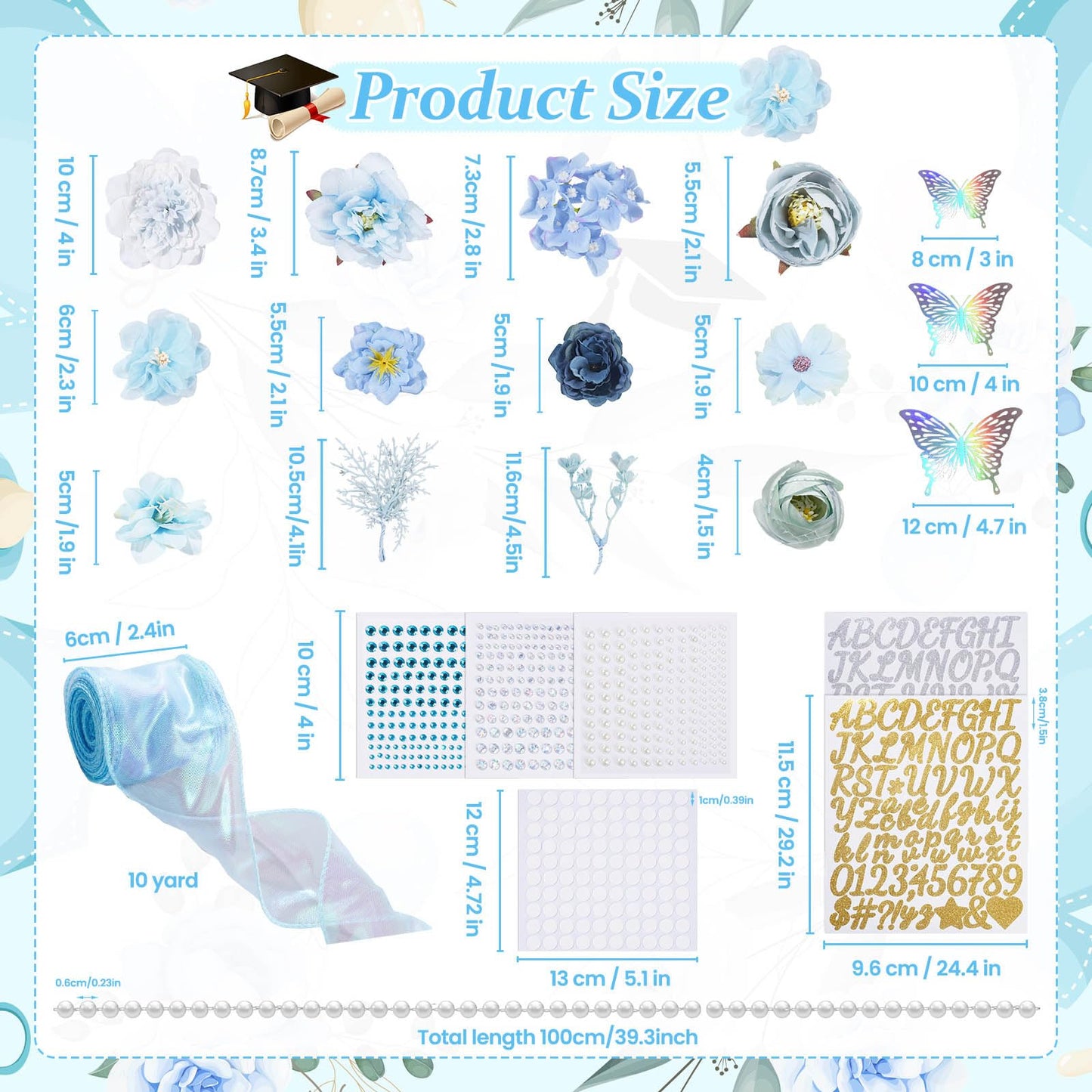Pineraap Graduation Cap Decorations Kit, Artificial Flower Heads 3D Butterfly Stickers Rhinestones Letter Number Stickers Pearls String Decor Ribbon for DIY Grad Cap Topper Party Supplies, Blue