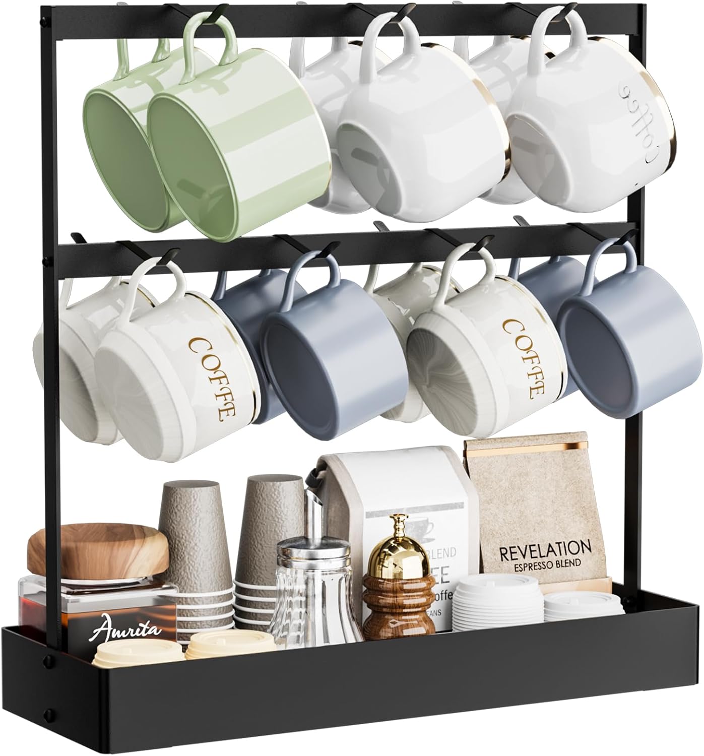 Coffee Mug Holder with Hooks, 14 Capacity 2 Tier Mug Tree Holder Rack for Countertop, Storage Base for Coffee Pods