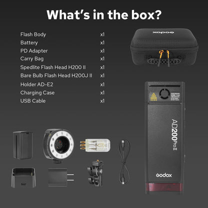 Godox AD200 Pro II AD200Pro II Pocket Outdoor Flash Strobe, 200Ws 2.4G TTL 1/8000s HSS Monolight, 0.01-1.8s Recycle, GODOX AD200ProII AD 200 Pro II Upgraded Flash Head, Color Indicator and Screen