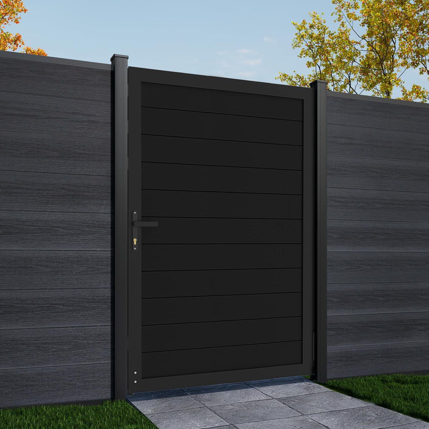 Treslam 6ft x 4ft Aluminum Alloy Privacy Gate - Outdoor Metal Garden Gate with Lockable Knob,Full Enclosure Security Gate, Design for Patio, Yard & Backyard, Easy Installation Without Posts