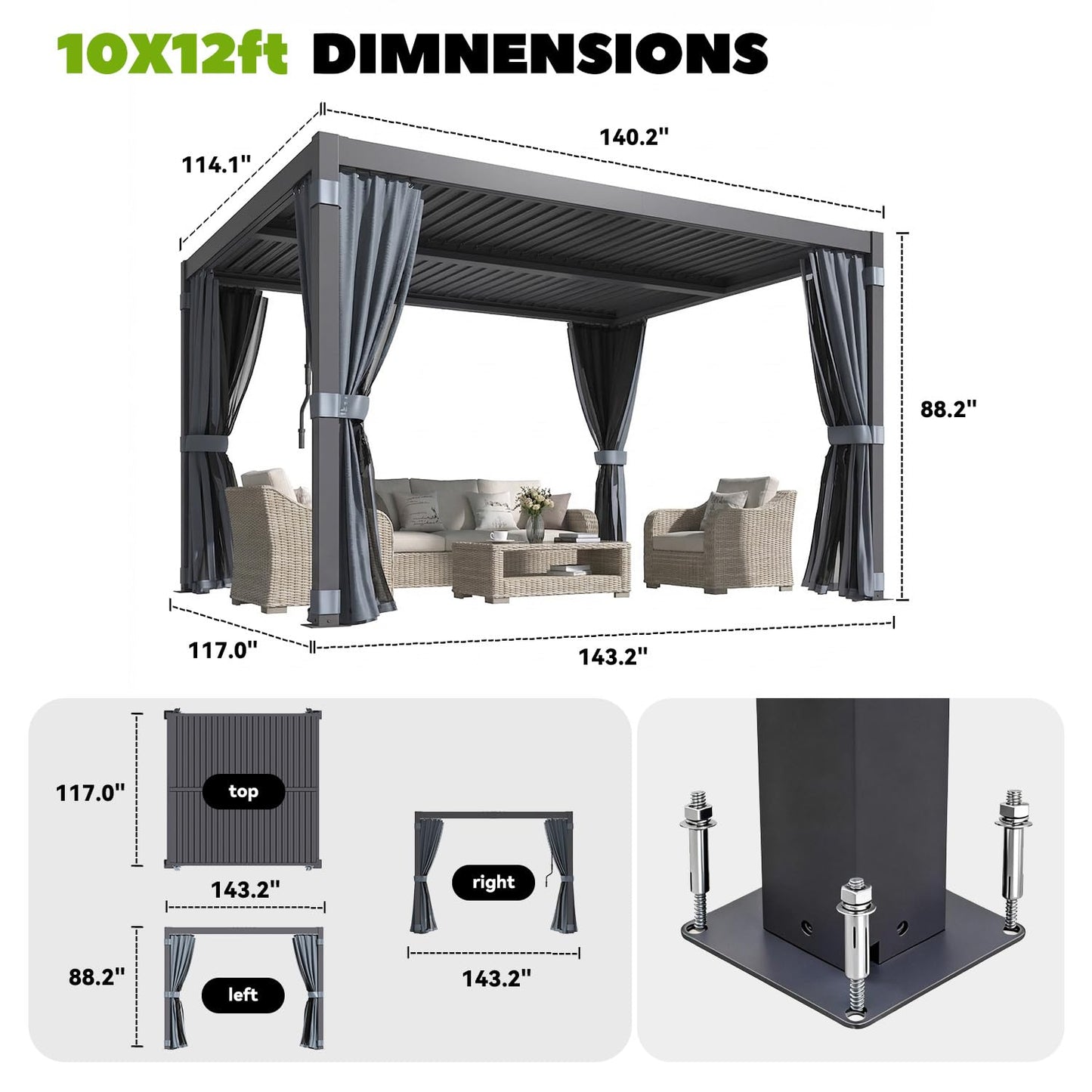 MELLCOM Louvered Pergola 10x12, Outdoor Rustproof Shelter with Adjustable Roof, Steel Aluminum Gazebo with Waterproof Curtains and Netting for Patio Deck, Dark Grey