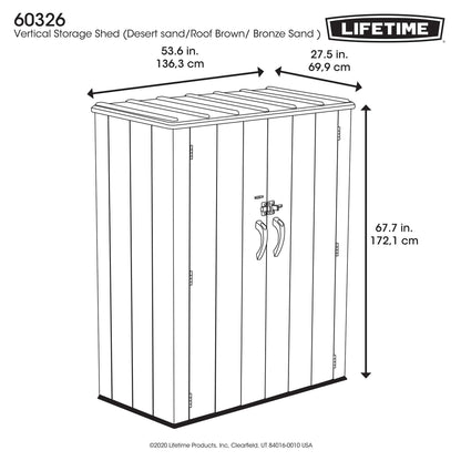 Lifetime Vertical Storage Shed, Desert Sand, Resin Outdoor Tool Shed with Lockable Doors and Weather-Resistant Panels