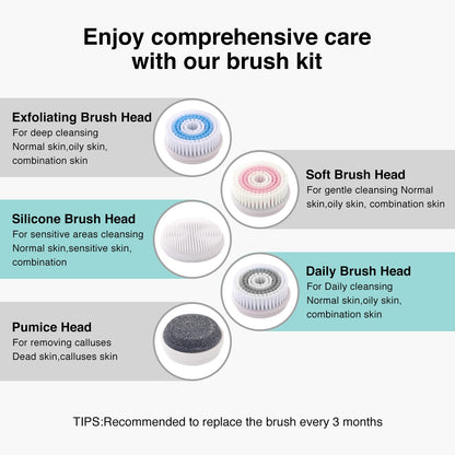 Face Scrubber Exfoliator,Facial Cleansing Brush Rechargeable IPX7 Waterproof with 5 Brush Heads,Electric Face Spin Brush for Exfoliating, Massaging and Deep Cleansing