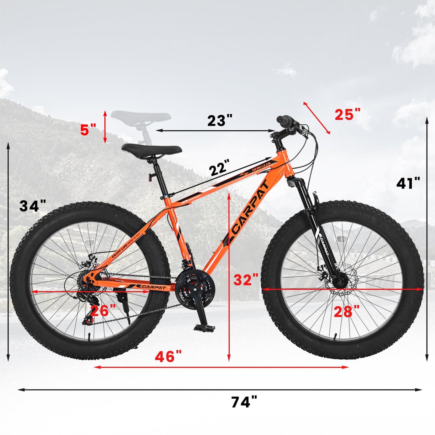 richvelo 26 Inch Fat Tire Bike Adult/Youth Full Shimano 7 Speeds Mountain Bike, Dual Disc Brake, High-Carbon Steel Frame, Front Suspension, Mountain Trail Bike, Urban Commuter City Bicycle