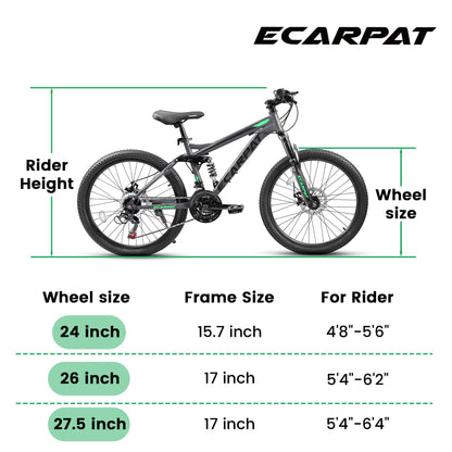 KIAPALNO 27.5 Inch Mountain Bike, Dual Full Suspension 21 Speed Womens Mens Mountain Bikes, Commuter Bike with Carbon Steel Frame and Dual Disc Brakes