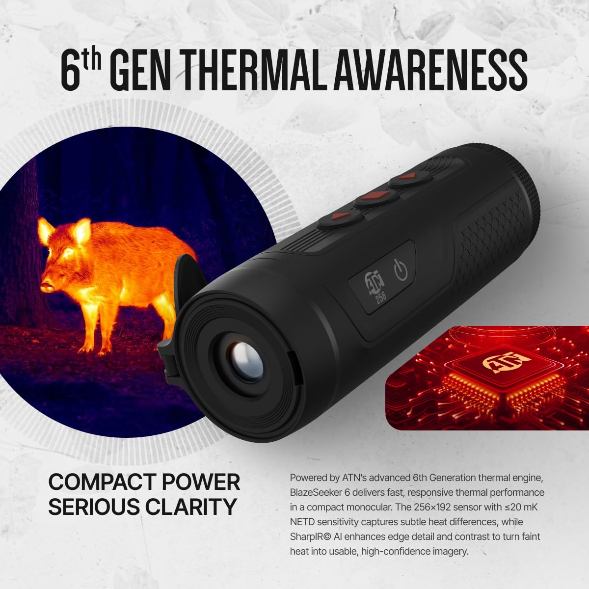 ATN BlazeTrek 6 Thermal Monocular, 6th Gen Thermal Engine, 384/640 Resolution, SharpIR AI, 50Hz, IP67, WiFi & Recording (384x288 Sensor, 18, x)
