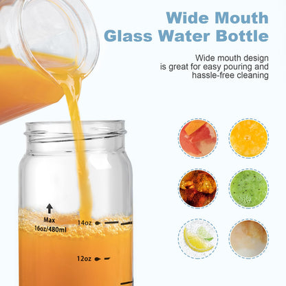 Olivego 16oz Juice Bottles - 4 Pack Wide Mouth Glass Bottles with Lids- BPA Free, Stainless Steel Lids for Juicing, Smoothies, Infused Water, Beverage Storage - Leakproof, Borosilicate, Clear