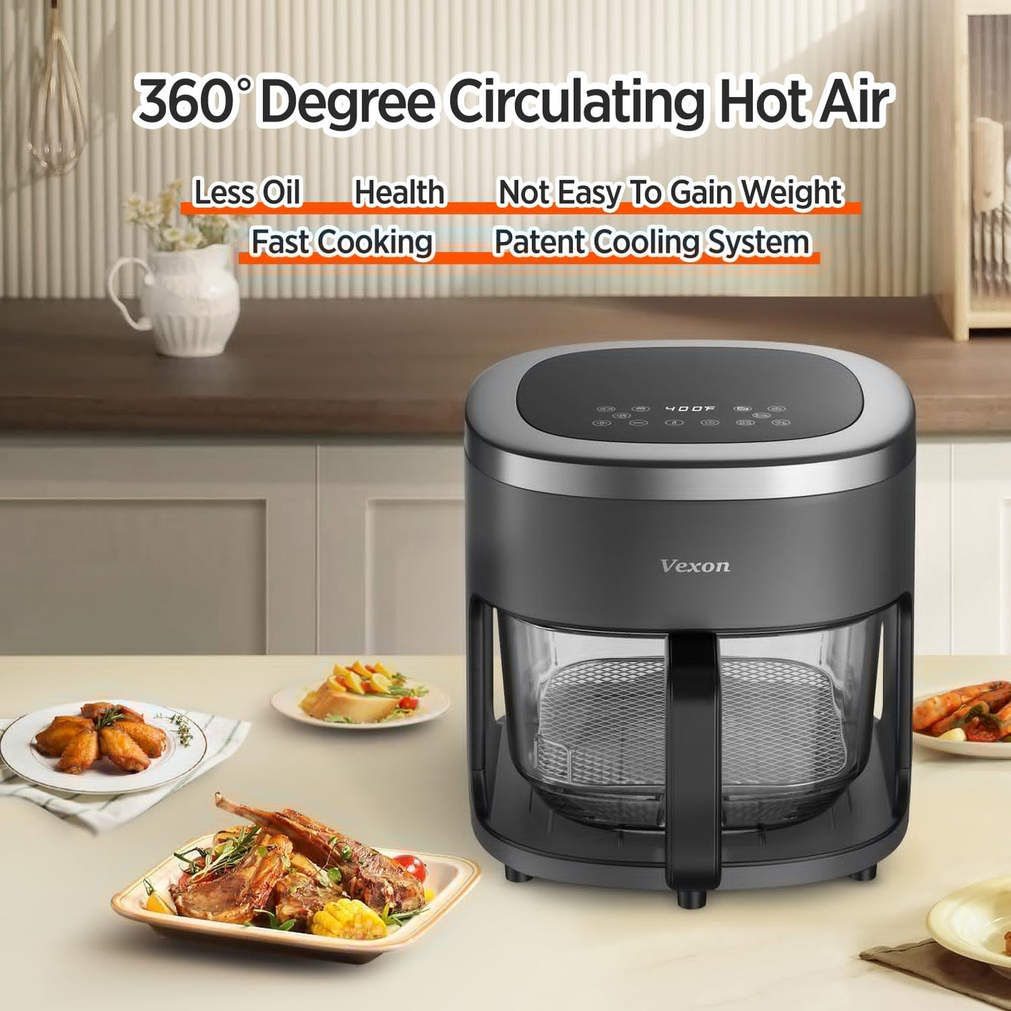 6-IN-1 Glass Air Fryer,4.5QT Air Fryer with Viewing Glass Pot, Air Fry, Dehydrate, Air Crisp Technology,Nonstick & Dishwasher Safe Basket,97% Less Oil,Features Digital Timer (Gray)