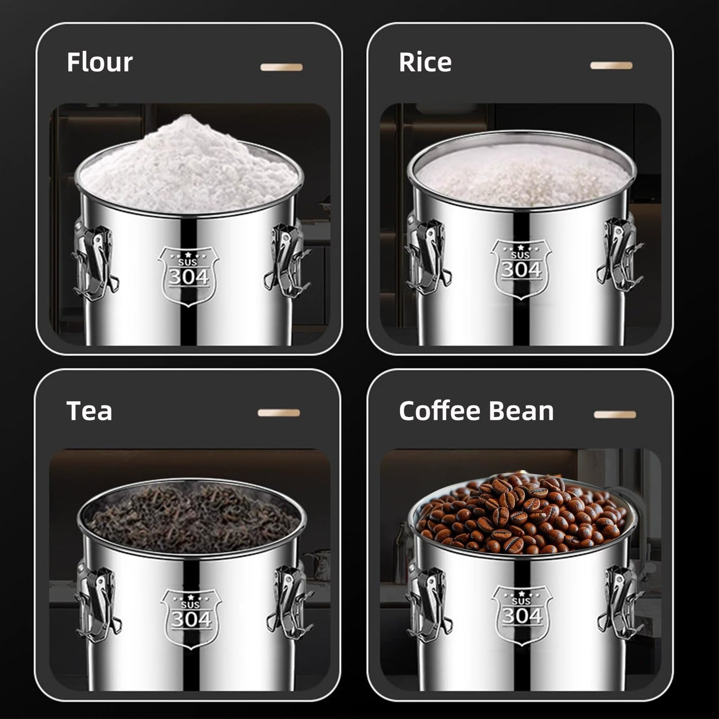 Verdeho 304 stainless steel food storage containers with lids lock clips airtight container large airtight for rice flour sugar grain coffee bean storage containers Kitchen jar (3.17gal/12L)