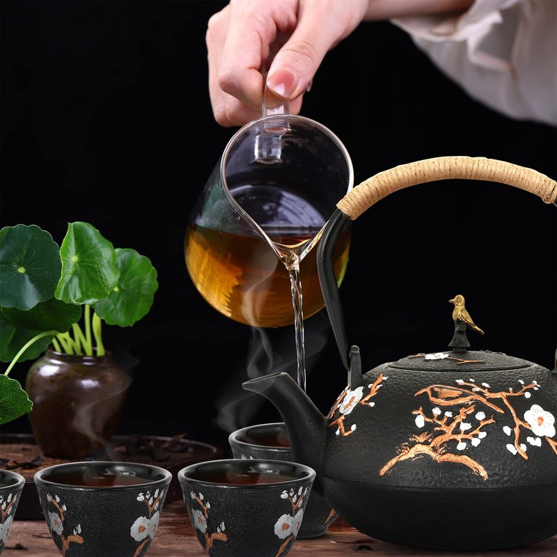 Dyna-Living Cast Iron Teapot 1200ml/40.6oz Japanese Tea Set with 4 Tea Cups Japanese Cast Iron Teapot with Infuser Japanese Tea Kettle Stovetop Gift for Tea Lover