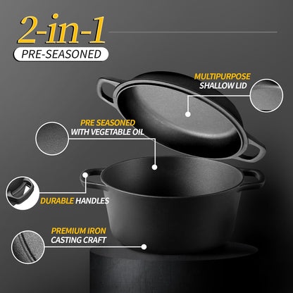 EDGING CASTING 2-in-1 Pre-Seasoned Cast Iron Dutch Oven Pot with Skillet Lid Cooking Pan, Cast Iron Skillet Cookware Pan Set with Dual Handles, Indoor Outdoor for Bread/Frying/Baking/Camping/BBQ, 5 Qt