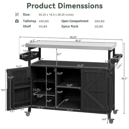 Ball & Cast Outdoor Kitchen Island,Rolling Bar Cart & Storage Cabinet,Farmhouse Solid Wood Outdoor Grill Table with Stainless Steel Top,Spice and Towel Rack,for Kitchen,Barbecue,Black,50.25"