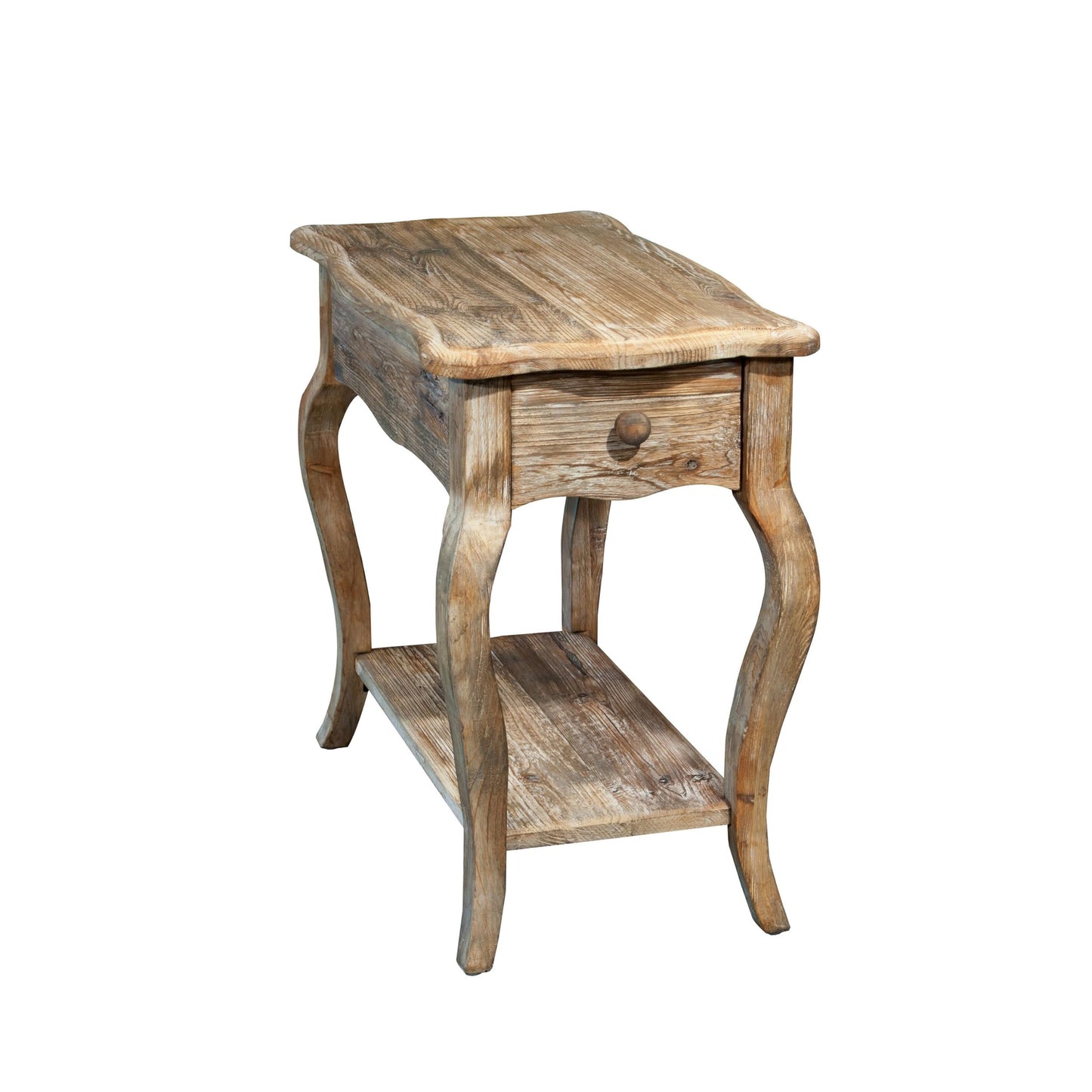 Alaterre Furniture Austerity Living Room Tables – 15 Inch Narrow Chairside Table with Drawer, Shelf, Scalloped Edges, & Curved Legs – Rustic Accent Side Table in Driftwood Finish