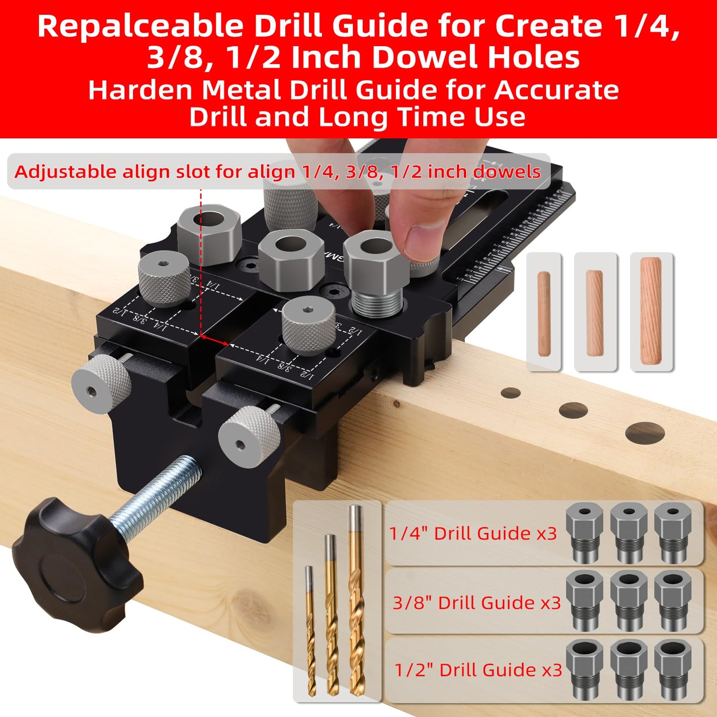 GOINGMAKE Dowel Jig Kit with Quick Positive Stop and Clamp, Adjustable Doweling Jig for Drill 1/4, 3/8 and 1/2 Inch Accurate Straight Dowel Holes, Fit Any Thickness Wood Joints, for Cabinet, Furniture