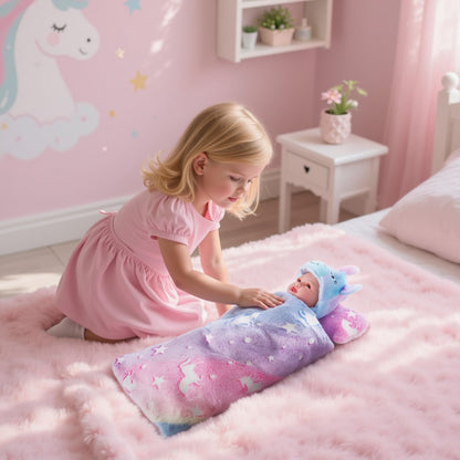 BABESIDE 2 Pcs Reborn Baby Doll Bedding Set for 12-17 Inch Dolls, Cute Animal & Star Pattern Doll Blanket and Pillow Set, Soft Bedding for Pretend Play and Dollhouse Accessories