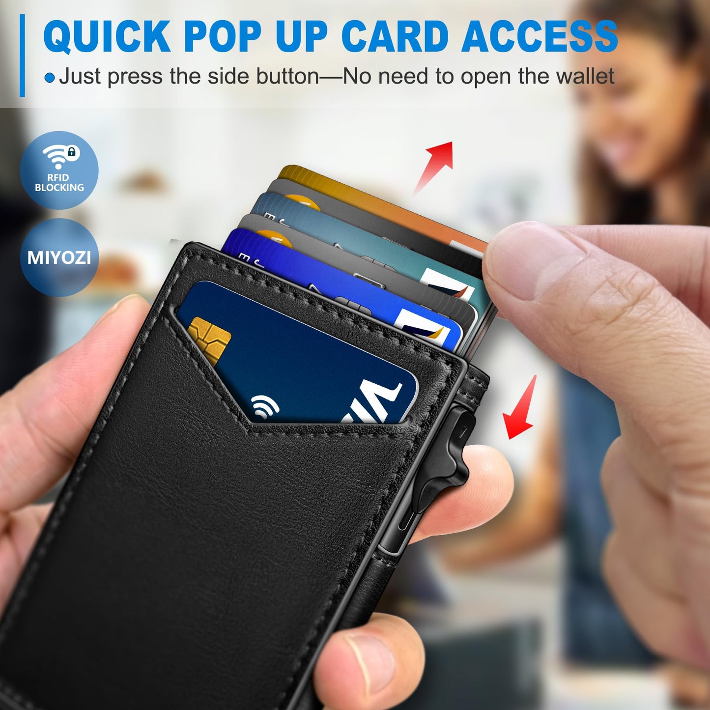 miyozi Wallet for Men, Slim Pop Up Card Holder - RFID Blocking Minimalist Bifold Wallet with ID Window, Holds 9-11 Cards & Stretchable Strap, Metal Flip Case with Magnetic Closure, Gift Box