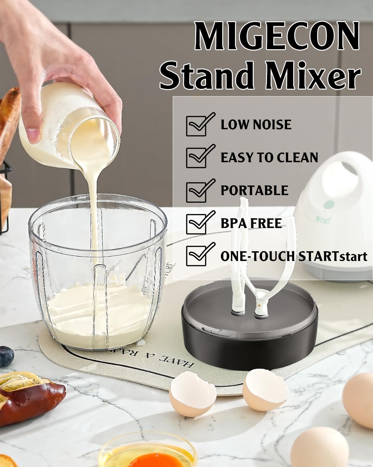 MIGECON Stand Mixer, Small Kitchen Electric Food Mixer, Portable Milk Frother, Rechargeable Household Mixer Beater for Shampoo and Pet Foam Whipper, One-Click Operation, Dark Gery