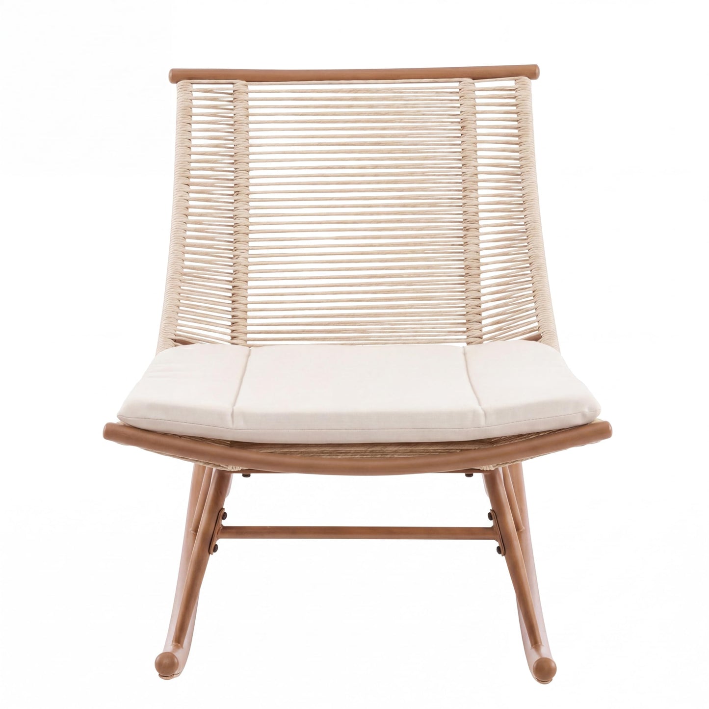 Christopher Knight Home Levi Arc Rocking Chair & Wooden Slat Side Table Set, PE Rattan+Iron Rocker Chair Set with Cushion, 2 Piece Patio Furniture Set with Cross-Stretcher End Table, Brown+Beige+Teak