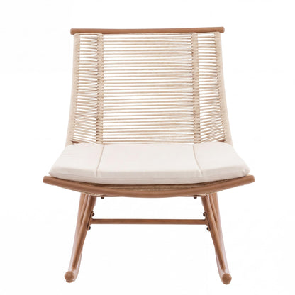 Christopher Knight Home Levi Arc Rocking Chair & Wooden Slat Side Table Set, PE Rattan+Iron Rocker Chair Set with Cushion, 2 Piece Patio Furniture Set with Cross-Stretcher End Table, Brown+Beige+Teak