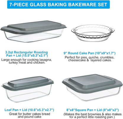 7-Piece Glass Bakeware Set - Oven-Safe Baking Dishes with Lids | Includes Loaf Pan, Pie Plate & Roasting Pan