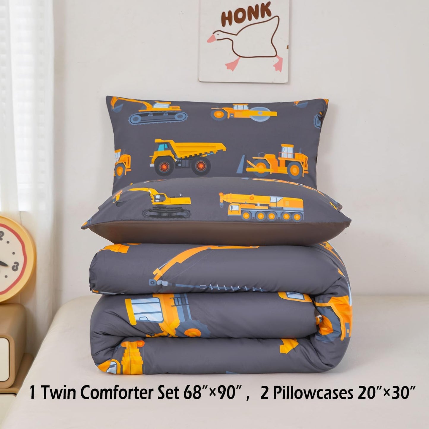Set Set Sets 2 ZRNBAST Construction Twin Bedding for Boys Dark Grey Trucks Car Kids Comforter Lightweight Microfiber