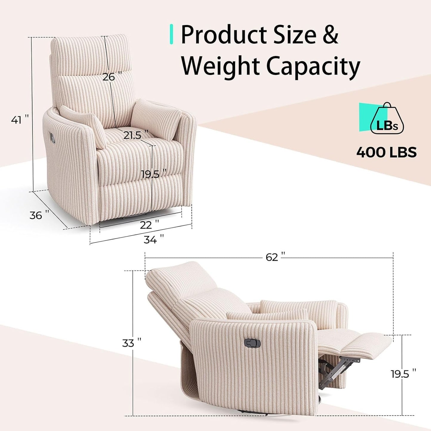 LINSY 360 Swivel Recliner Chair, Nursery Glider Rocking Chair with 2 Pillows, Corduroy Nursing Chair Comfy High Back Adult Rocker Recliner for Small Spaces, Nursery Bedroom Living Room (Beige)