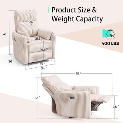 LINSY 360 Swivel Recliner Chair, Nursery Glider Rocking Chair with 2 Pillows, Corduroy Nursing Chair Comfy High Back Adult Rocker Recliner for Small Spaces, Nursery Bedroom Living Room (Beige)