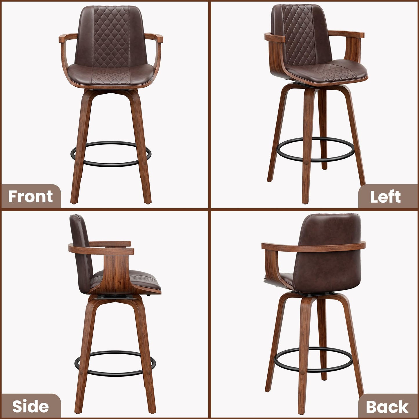YaFiti Swivel Bar Stools Set of 2, 26" Counter Height Barstools with Wood Legs and Backs, Upholstered PU Leather Bentwood Frame Bar Chairs with Armrest for Kitchen Island, Dining Room, Brown