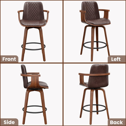 YaFiti Swivel Bar Stools Set of 2, 26" Counter Height Barstools with Wood Legs and Backs, Upholstered PU Leather Bentwood Frame Bar Chairs with Armrest for Kitchen Island, Dining Room, Brown