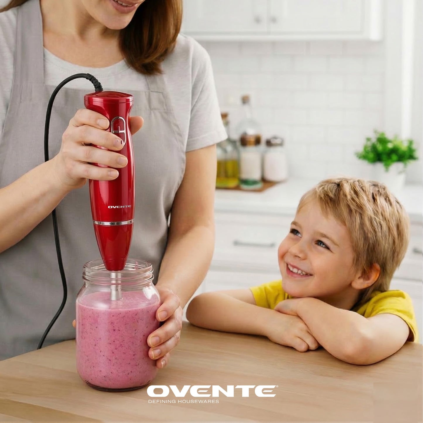 OVENTE Immersion Hand Blender, 300W Electric Handheld Stick Mixer with 2 Mixing Speeds and Stainless Steel Blades for Smoothies, Purees & Baby Food, Red HS560R