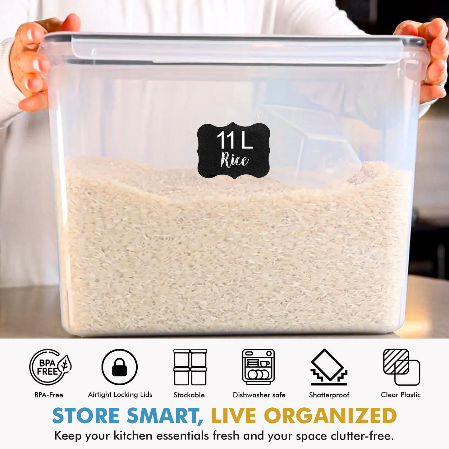 Shazo 2 PC (11L | 372 oz) Flour Sugar Storage Containers with Easy Carry Handle - Plastic Extra Large Food Storage Containers with Lids for Rice Cereal, BPA Free & Airtight Kitchen Pantry Organization